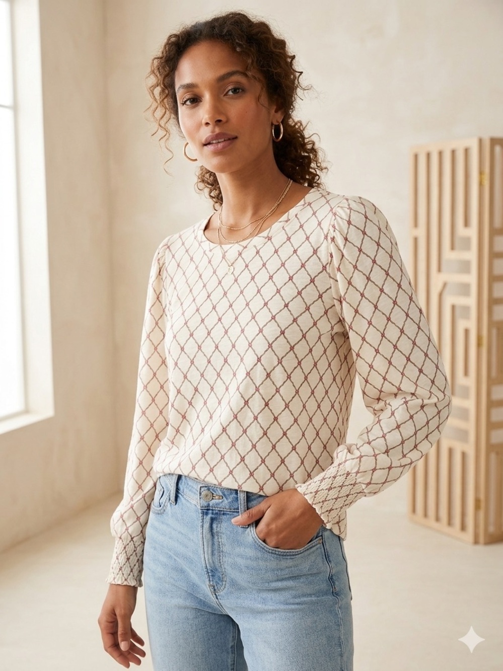 LOFT Cream and Red Long-Sleeve Lattice Print Top